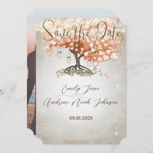 Save The Date Mason Jar Peachy Heart Leaf Tree Enregistrer la da