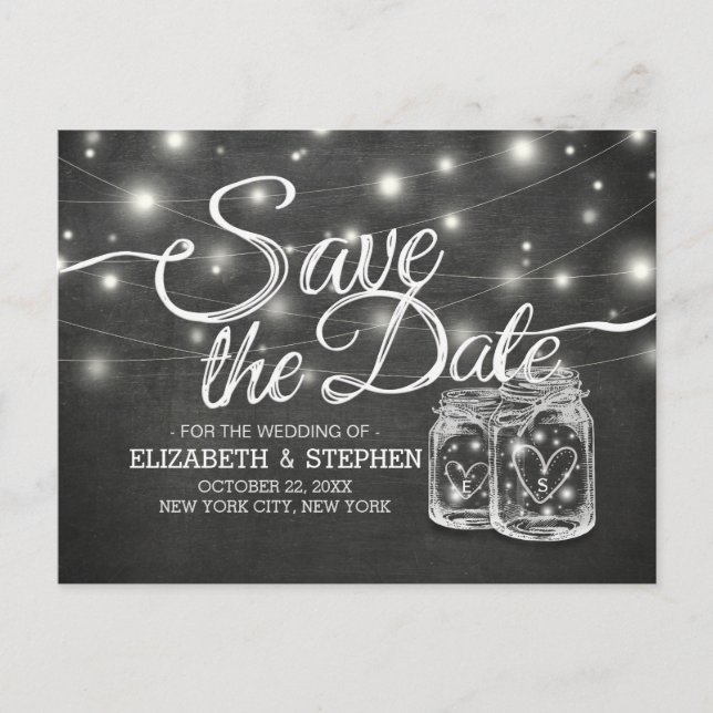 Save the Date Mason Jar String Lights Chalkboard Ankündigungspostkarte (Vorderseite)
