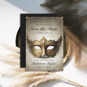 Save The Date Masquerade Antique Gold Venice Mask 50e anniversai