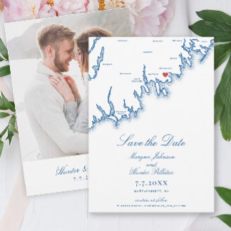 Save The Date Mattapoisett MA Map Elegant Navy Blue Wedding
