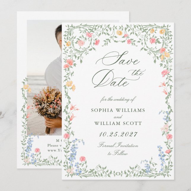 Save The Date Meadow Pastel Rose Floral Photo Mariage (Devant / Derrière)