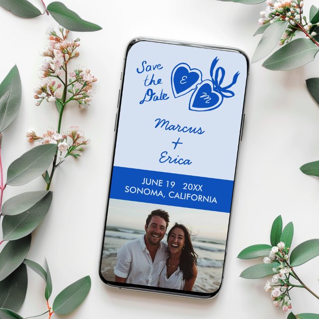 Save The Date Médaillon à coeur numérique personnalisé avec phot (Digital Download eCard Heart Locket Custom Photo Wedding Save the Date Blue
)