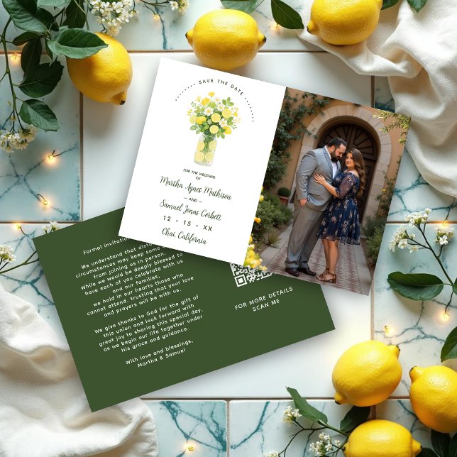 Save The Date Mediterranean Cheerful Floral Arrangement Lemons (Mediterranean Cheerful Floral Arrangement Lemons & Flowers Wedding Save the Date Cards with Photo)