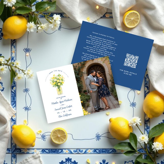 Save The Date Mediterranean Chic Blue Floral Arrangement Lemons (Mediterranean Cheerful Floral Arrangement Lemons & Flowers Wedding Save the Date Cards with Photo.)
