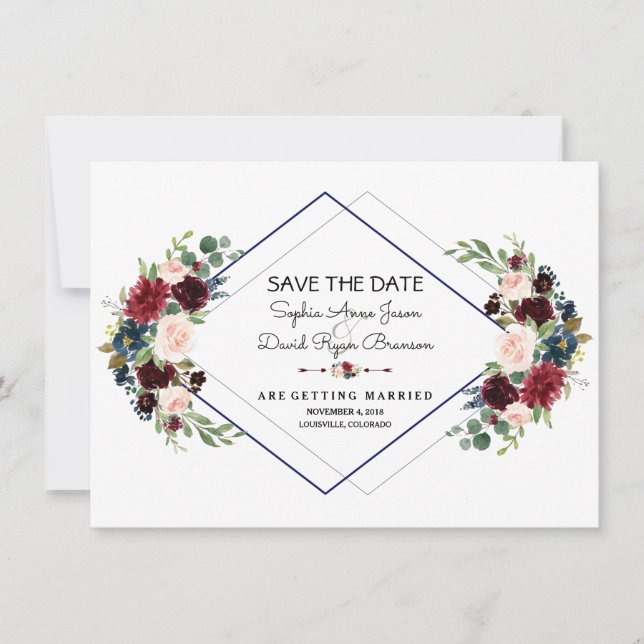 Save The Date Merlot Géométrique Marine Bleu Floral Enregistrer  (Devant)
