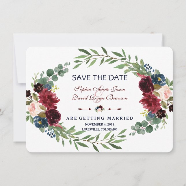 Save The Date Merlot Marine Bleu Floral Fleuron Enregistrer La D (Devant)