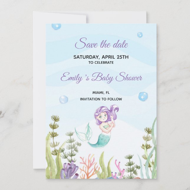 Save the Date Mermaid Watercolor Lila (Vorderseite)
