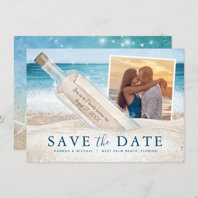 Save The Date Message dans une bouteille Photo Mariage à la plag (Devant / Derrière)