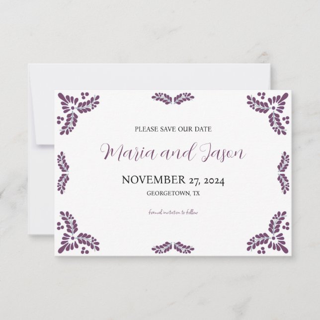 Save The Date Mexican Talavera Purple Floral Minimalist Wedding (Devant)