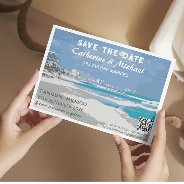 Save The Date Mexique Beach Mariage Voyage Style d'affiche QR Co (Créateur téléchargé)