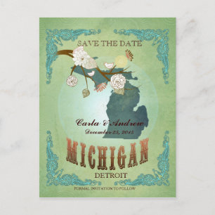 Save the Date - Michigan-Karte mit hübschen Vögeln Ankündigungspostkarte