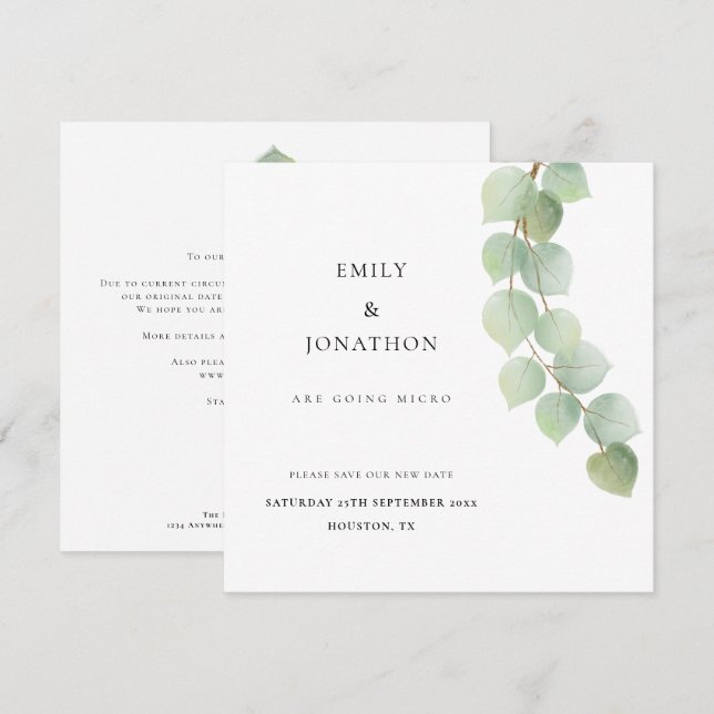 Save The Date Micro Mariage Eucalyptus Botanique Enregistrer La  (Devant / Derrière)