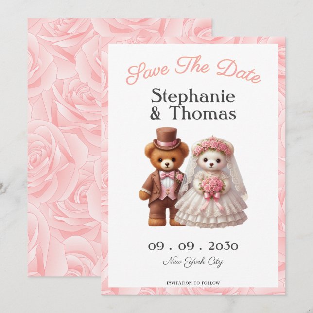 Save The Date Mignon ours en peluche romantique marié et mariée  (Devant / Derrière)