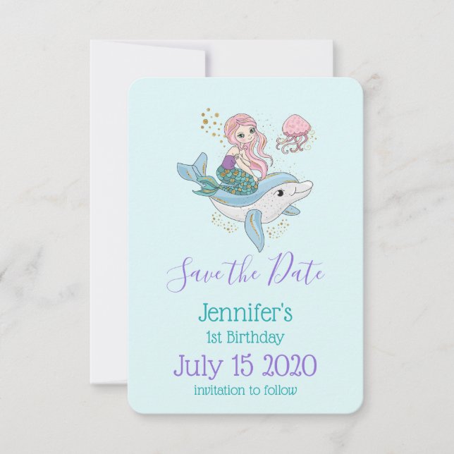 Save The Date Mignonne Sirène à cheval sur un dauphin Anniversai (Devant)