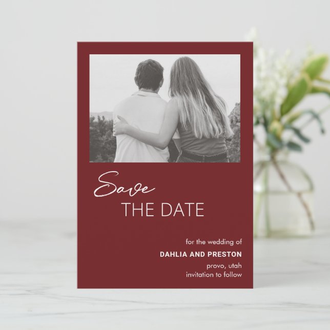 Save The Date Minimal Bourgogne photo Mariage moderne (Debout devant)