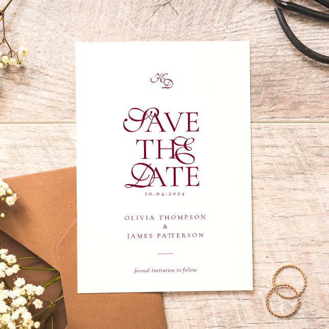 Save The Date Minimal Monogram Deep Burgundy Script Wedding (Créateur téléchargé)
