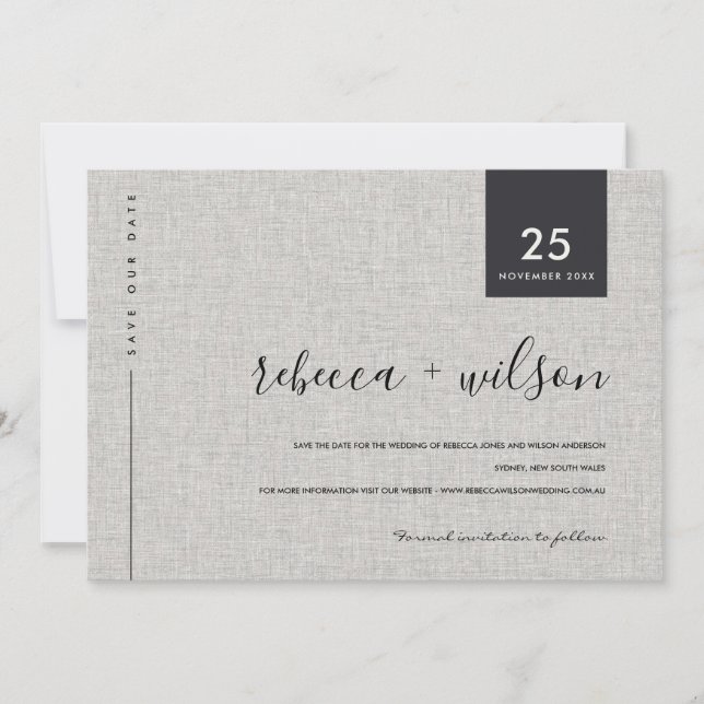 SAVE THE DATE MINIMAL SCANDI GRAY RUSTIQUE LINEN TYPOGRAPHIE DE  (Devant)