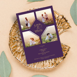 Save The Date Minimal Wedding Purple & Gold 4-Photos Collage
