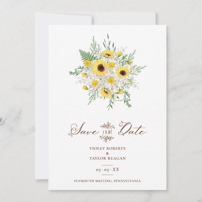 Save The Date Minimalist Botanical Sunflowers Bouquet Wedding (Devant)