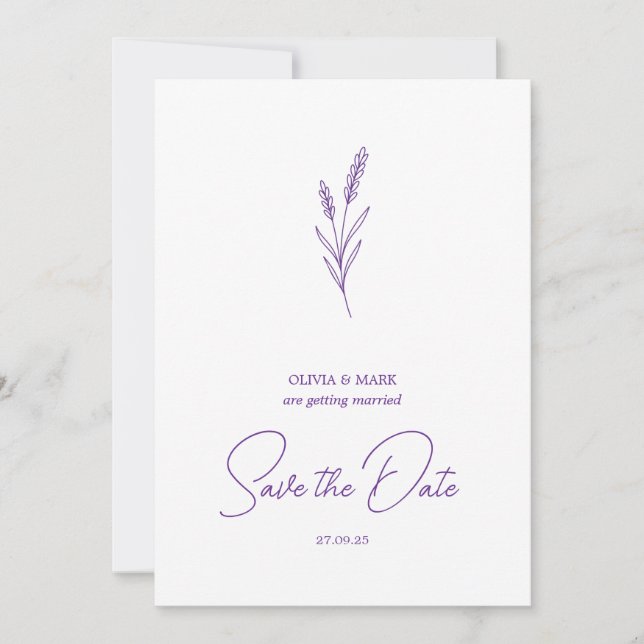 save the date minimalist elegant writing lavender einladung (Vorderseite)