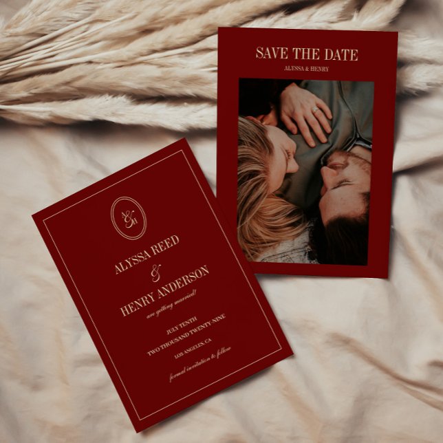 Save The Date Minimalist Monogram Wine Red Wedding Photo (Créateur téléchargé)