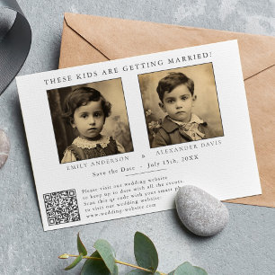 Save The Date Minimaliste avec photo de l'enfance et code QR