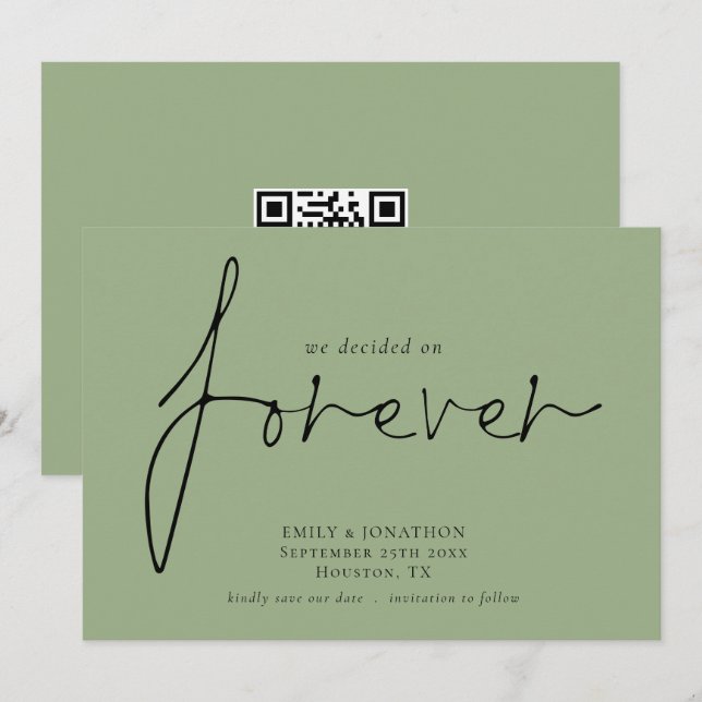 Save The Date Minimaliste Décidé Sur Forever QR Code Sage Green (Devant / Derrière)