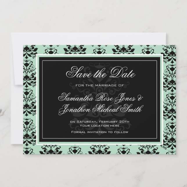 Save The Date Mint et Black Mariage damassé Enregistrer la date (Devant)