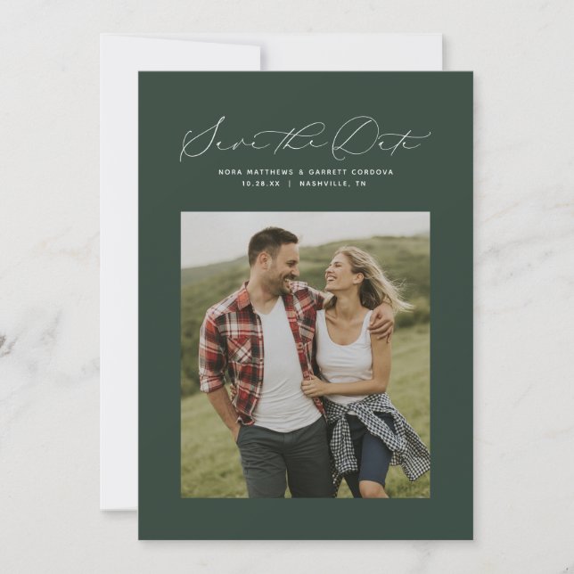 Save The Date Minuscule élégant chasseur de script photo verte (Devant)