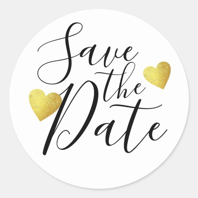 Save the Date mit goldenen Herzen handgeschrieben. Runder Aufkleber (Vorderseite)