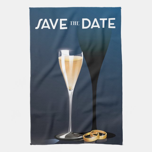 Save the Date mit goldfarbenen Ringen Geschirrtuch (Vertikal)