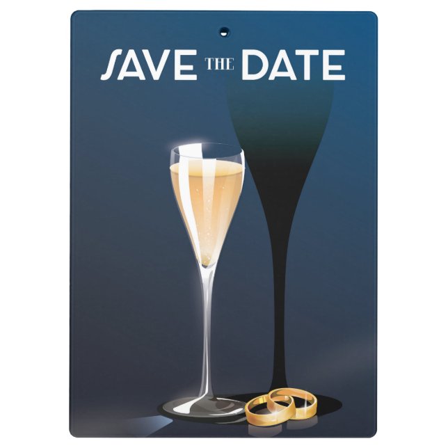 Save the Date mit goldfarbenen Ringen Klemmbrett (Rückseite)