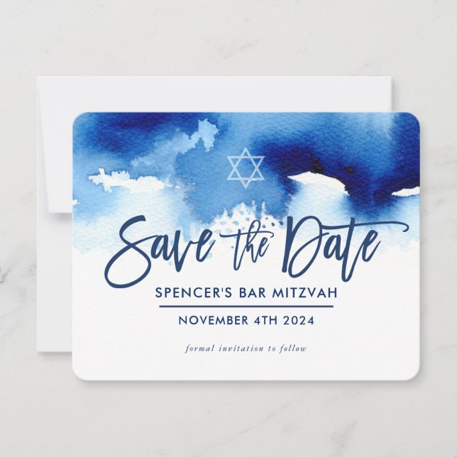 SAVE THE DATE MITZVAH modern dark blue watercolor (Devant)
