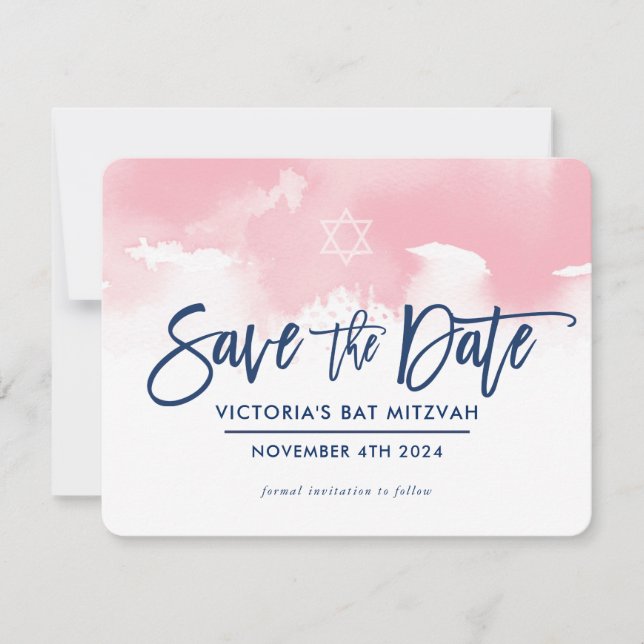 SAVE THE DATE MITZVAH modern pale pink watercolor (Devant)