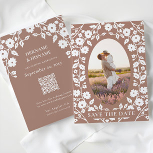 Save The Date Mocha Mousse Photo QR Code Site Web Folk Floral