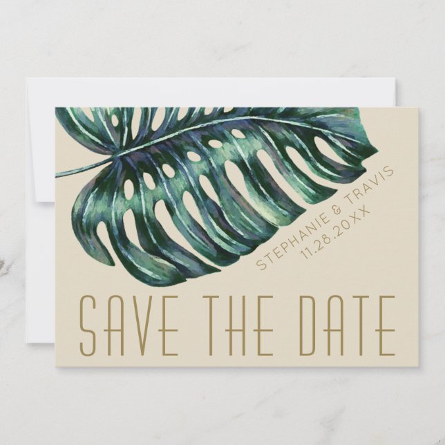 Save The Date Mod Monstera Feuille verte et Mariage bronzée (Devant)