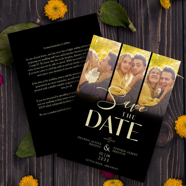 Save The Date Modern Black Trendy Collage Wedding 3 Photos (Modern Black Trendy Collage Wedding 3 Photos Save the Date with Envelope. )