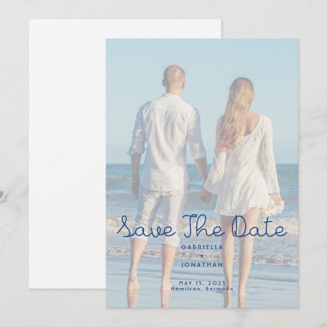 Save The Date Modern Blue Handwritten Wedding Photo  (Devant / Derrière)