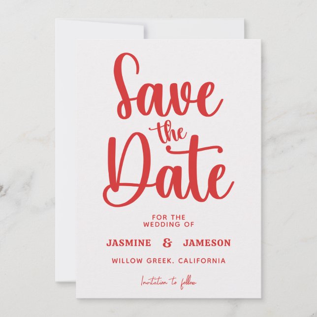 Save The Date Modern Bold Casual Red Script Photo Wedding Retro (Devant)