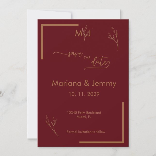 Save The Date Modern Burgundy Golden Leaflet Monogram Scripted  (Devant)