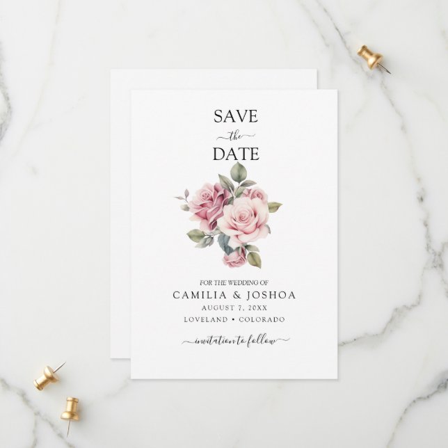 Save The Date Modern Chic Elegant Romantic Pink Rose Wedding (Devant/Arrière en situation)