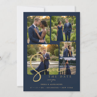 Save The Date Modern Collage 5-Photo Wedding Navy Blue