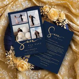 Save The Date Modern Collage Wedding Navy Blue & Faux Gold Scrip