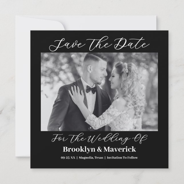 Save The Date Modern Elegant Script Black White Wedding Photo (Devant)