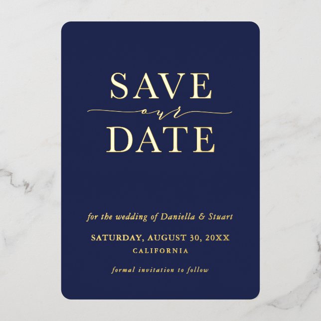 SAVE THE DATE modern, elegant und minimalblau Folieneinladung (Vorderseite)
