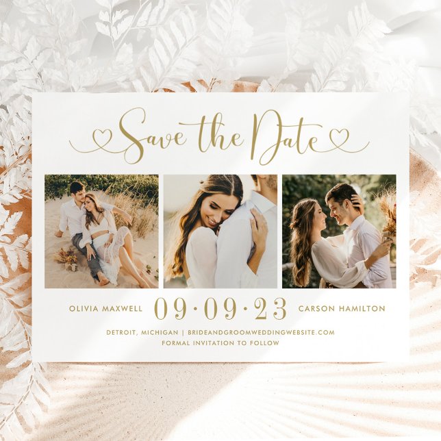 Save The Date Modern Gold Heart Script 3 Mariage photo Collage (Créateur téléchargé)