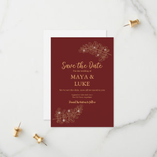 Save The Date Modern Gold leaves Burgundy