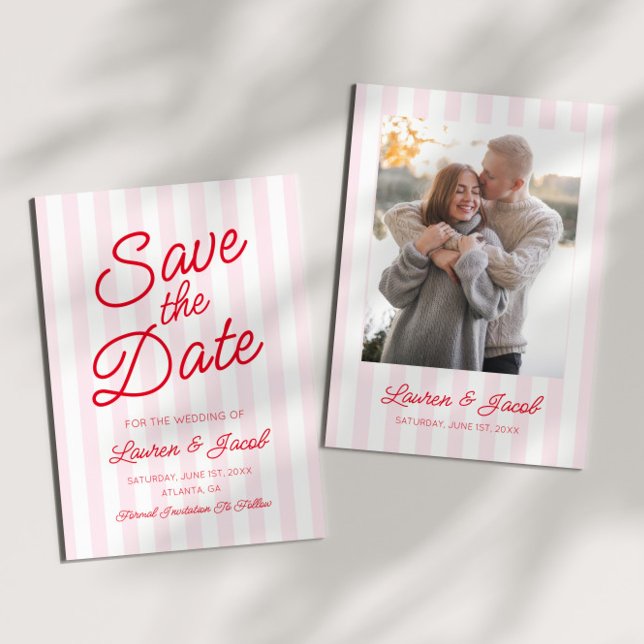 Save The Date Modern Minimal Minimalist Red Pink Stripes Wedding (Créateur téléchargé)