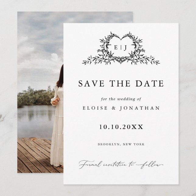Save The Date Modern Minimalist Calligraphy Crest monogram Photo (Devant / Derrière)