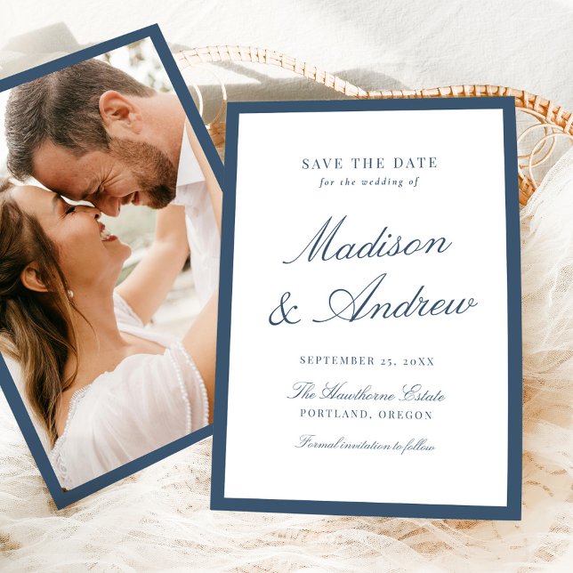 Save The Date Modern Navy Border Photo Wedding (Créateur téléchargé)